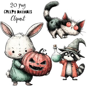 May include: Watercolor illustration of a collection of creepy animals. Includes a white bunny holding a carved pumpkin, a black and white cat, and a raccoon wearing a witch hat and red coat. The text "20 png CREEPY ANIMALS Clipart" is at the top.