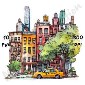 10 PNG Quirky New York City Scene Clipart, Watercolor New York Cityscape, Whimsical City Landscape, USA View Clip Art, Cartoon Travel Art