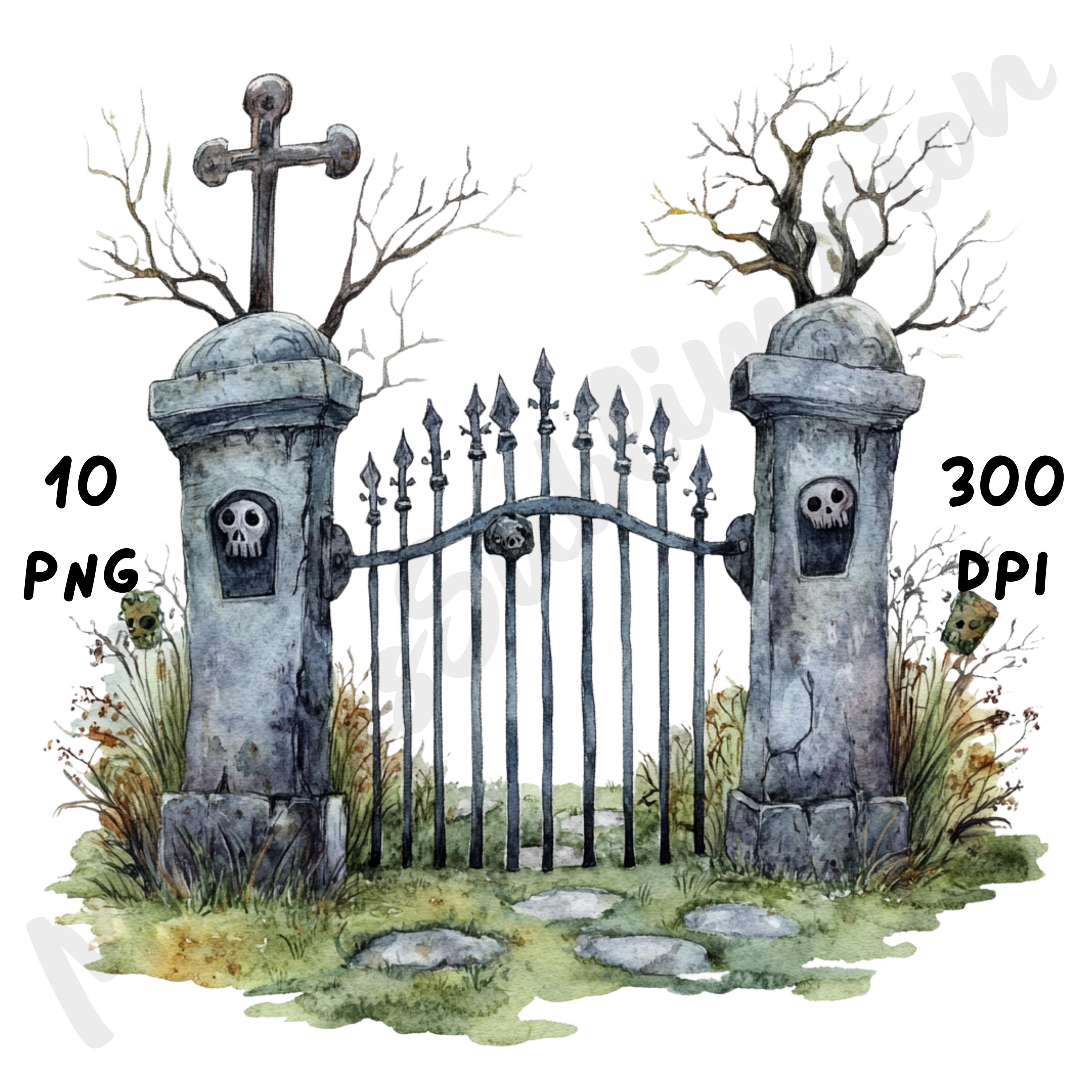 10 PNG Quirky Graveyard Gate Clipart, Watercolor Cartoon Halloween ...