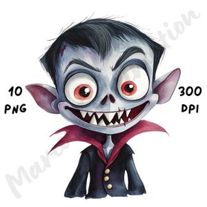 10 imágenes PNG de vampiros adorables y peculiares, divertidas y caprichosas para Halloween, sublimación de acuarela para diarios basura, álbumes de recortes y manualidades con papel.