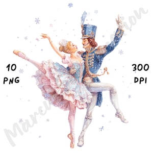 Pode incluir: Ilustração em aquarela de uma bailarina e um soldado dançando na neve. A bailarina usa um tutu azul claro e rosa, enquanto o soldado está em uniforme azul. A imagem inclui o texto "10 PNG" e "300 DPI".