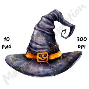 Könnte beinhalten: Aquarell-Illustration eines Hexenhuts. Der Hut ist überwiegend dunkelgrau mit breiter Krempe und spitzer Krone. Er hat eine goldene Schnalle mit einem Kürbisgesicht und goldenen Akzenten. Der Text "10 PNG" und "300 DPI" ist enthalten.