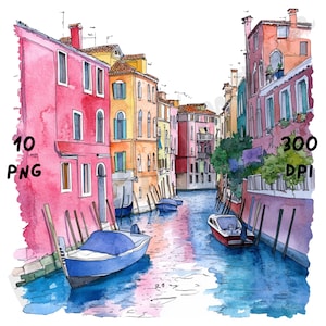 10 imágenes PNG de escenas peculiares de Venecia, vista en góndola de Venecia en acuarela, paisaje urbano italiano caprichoso, imágenes prediseñadas de paisajes urbanos de dibujos animados, arte de viajes