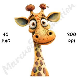 10 imágenes PNG de jirafas peculiares, animales de la selva de dibujos animados, jirafas divertidas y locas, sublimación atrevida de acuarela, descarga digital
