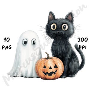 10 PNG Quirky Halloween Black Cat and Ghost Clipart, Watercolor Cartoon Animal Sublimation, Whimsical Halloween Decorations, Creepy Cute png