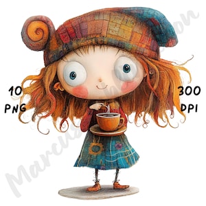 Coffee Girl Clipart PNG – 10 Quirky Whimsical Sublimation Files for Mugs, Journals, Cards & Cricut Projects – Cozy Fall Coffee Aesthetic