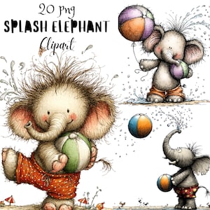 May include: Illustration of playful cartoon elephants in various poses. One elephant holds a beach ball, another has a balloon, and a third is spraying water. The image includes the text "20 png SPLASH ELEPHANT Clipart."