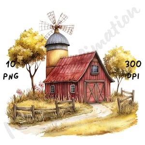 10 PNG clipart de celeiro de fazenda peculiar, casas fofas e caprichosas, cena de casa rústica em aquarela, clip art de mídia mista de desenho animado, ilustração de casa de fazenda