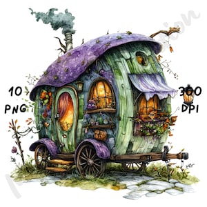 10 imágenes PNG de caravanas de brujas extravagantes, caravanas de dibujos animados, camionetas espeluznantes de fantasía en acuarela para diarios, álbumes de recortes y manualidades digitales.
