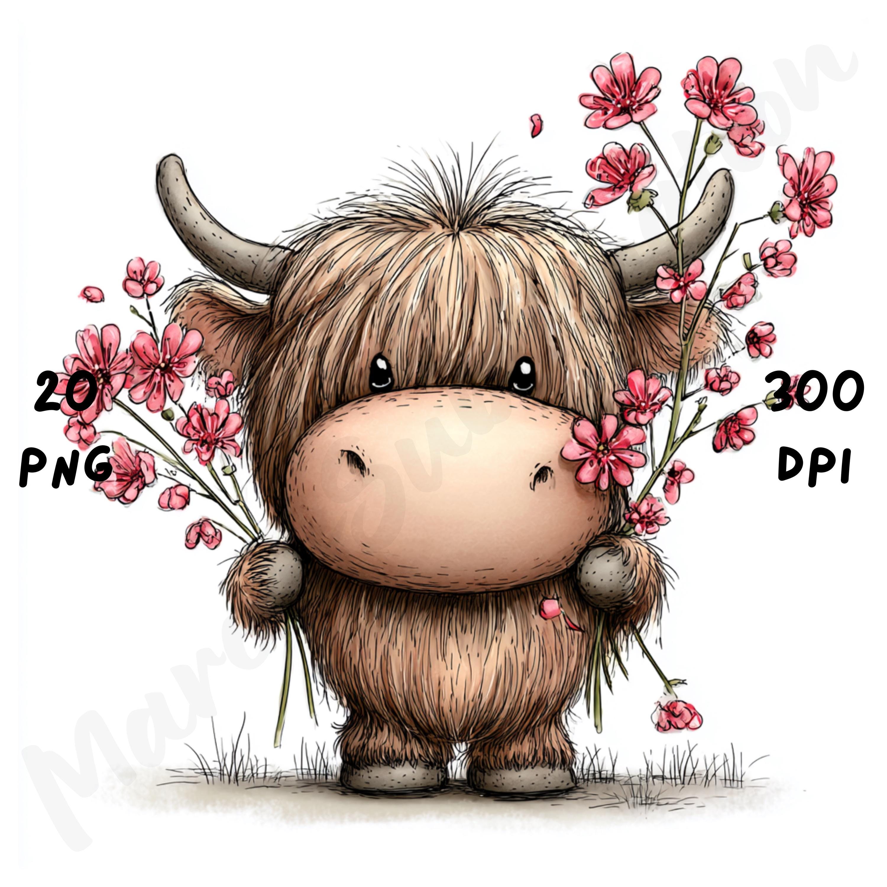 Floral Highland Cow Whimsical Clipart Bundle, Funny Spring Animal ...