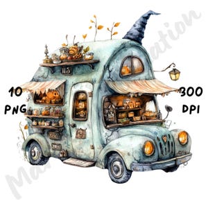 10 imágenes PNG de un peculiar camión de brujas, tienda espeluznante de dibujos animados, escena de tienda de acuarela para revistas de segunda mano, álbumes de recortes y manualidades digitales.