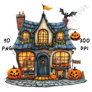10 imágenes PNG de tiendas de Halloween extravagantes: escenas de tienda espeluznantes con dibujos de acuarela para diarios, álbumes de recortes y manualidades digitales.