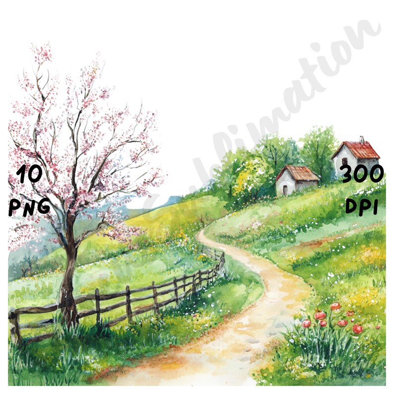 Spring Scene Graphics Spring Scene Clipart PNG – 10 Watercolor Landscapes With Floral Birds ...