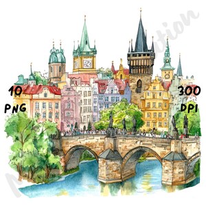 10 imágenes PNG de escenas peculiares de Praga, vista de Praga en acuarela, paisaje urbano checo caprichoso, imágenes prediseñadas de paisaje de Praga, dibujos animados de castillos góticos de viaje