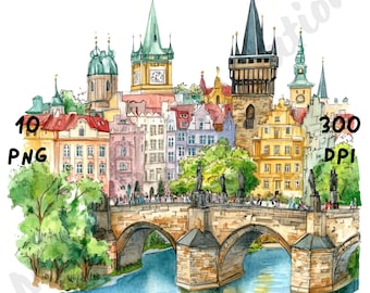 10 PNG Quirky Prague Scene Clipart, Watercolor Prague View, Whimsical Czech Cityscape, Prag Landscape Clip Art, Cartoon Gothic Castle Travel