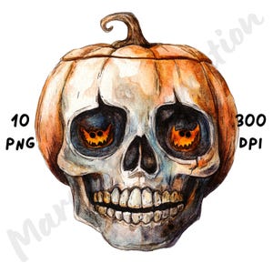 10 PNG Quirky Halloween Skull Clipart, Whimsical Halloween Magical Clip Art, Watercolor Cartoon Sublimation for Paper Crafts & Junk Journals