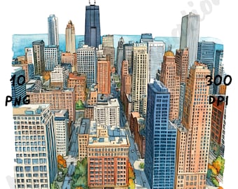 10 PNG Quirky Chicago Scene Clipart, Watercolor Chicago Cityscape, Whimsical City Landscape, USA View Clip Art, Cartoon Travel Art for Craft