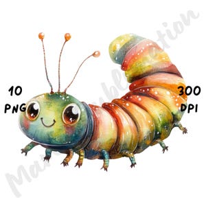 10 PNG Quirky Caterpillar Clipart, Cartoon Whimsical Funny Insect, Watercolor Animal Clip Art, Printable Art Digital Craft, Instant Download