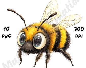 10 imágenes PNG de abejorros peculiares: insectos divertidos y extravagantes, imágenes prediseñadas de animales en acuarela, arte imprimible para manualidades digitales y manualidades de papel.