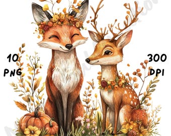 10 PNG Quirky Fall Fox and Deer Clipart, Whimsical Funny Autumn Woodland Sublimation, Watercolor Cartoon Animal for Junk Journal & Scrapbook