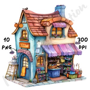 10 PNG Quirky Sewing Shop Clipart – Funny Whimsical Craft Store Scene PNG for Junk Journals, Scrapbooking, Cardmaking & Digital Crafts