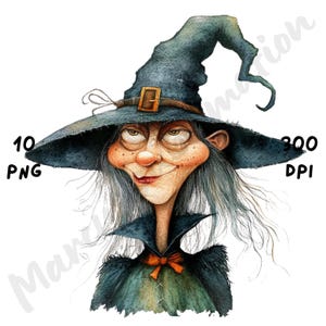 10 imágenes PNG de brujas de Halloween extravagantes, sublimación de dibujos animados de acuarela, bruja divertida y caprichosa para diarios basura, álbumes de recortes y manualidades con papel.