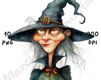 10 PNG clipart de bruxa de Halloween peculiar, sublimação de desenho animado em aquarela, bruxa engraçada e caprichosa para diários de sucata, scrapbooking, artesanato em papel