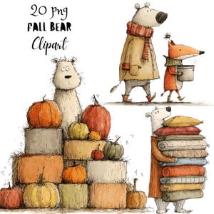 May include: Digital illustration set titled 20 png FALL BEAR Clipart featuring watercolor-style bears and a fox in autumn attire. One bear sits among stacked hay bales and pumpkins. Another bear carries a stack of blankets. A fox carries a pot.