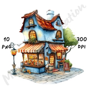10 imágenes PNG de escenas de tienda peculiares, diseño de tienda de dibujos animados extravagantes, escaparate de fantasía en acuarela, manualidades de papel, diarios basura, descarga digital
