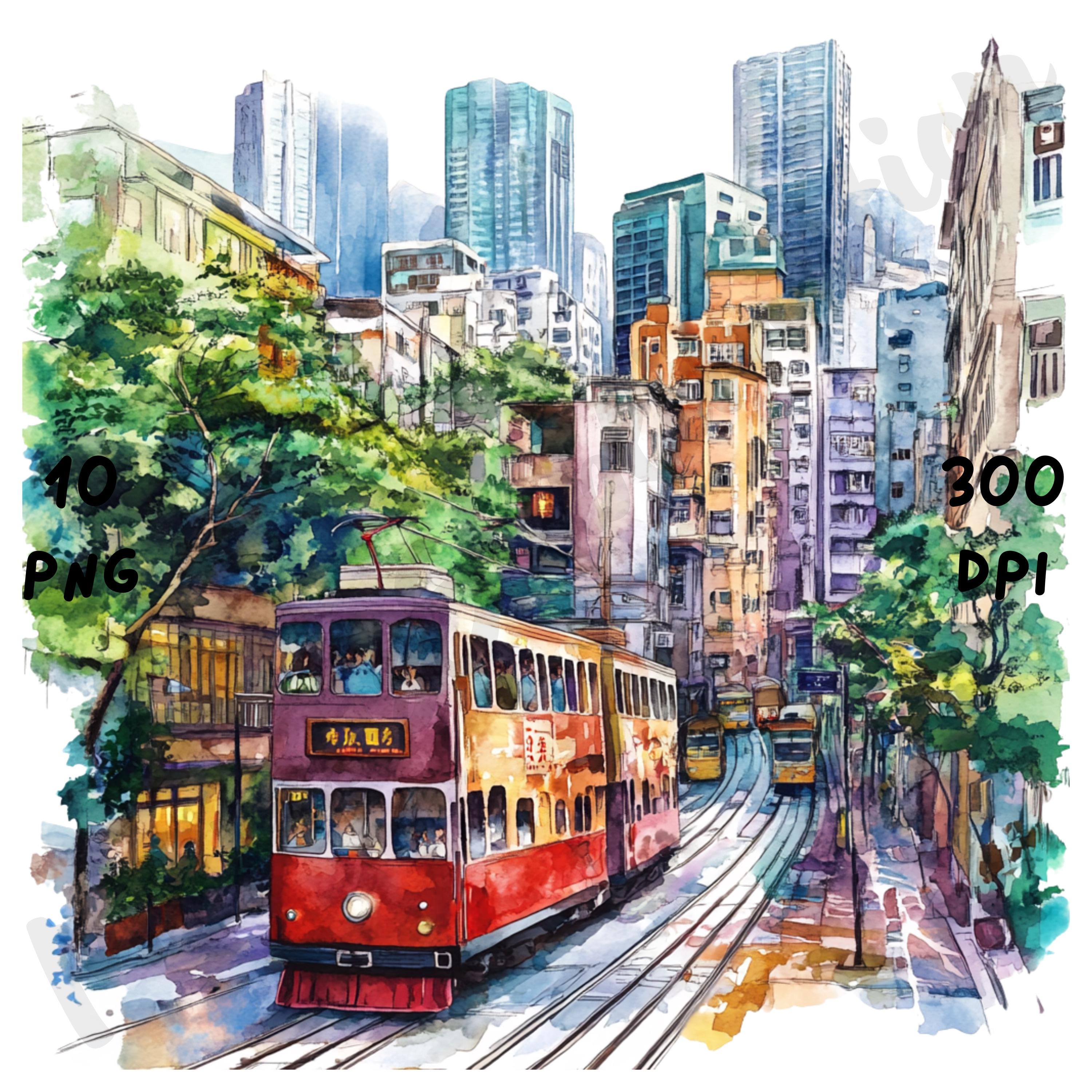 10 PNG Quirky Hong Kong Scene Clipart, Watercolor Hong Kong