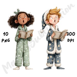 10 PNG Quirky Christmas Kids Clipart, Whimsical Funny Xmas Black Girl and White Boy Sublimation, Watercolor Cartoon Christmas Children png