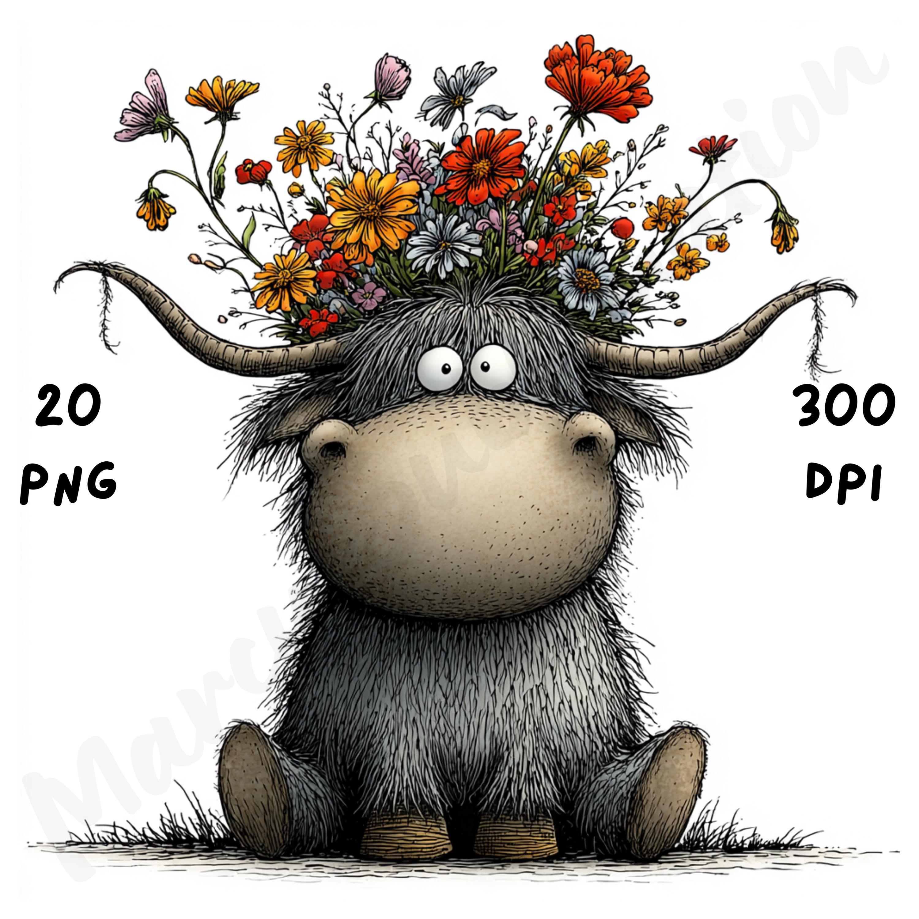 Floral Highland Cow Whimsical Clipart Bundle, Funny Spring Animal ...