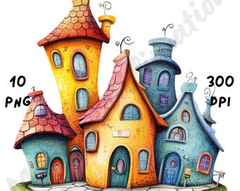 10 PNG Quirky Houses Clipart, Whimsical Cute Houses, Watercolor Fantasy Home Scene, Cartoon Mixed Media Clip Art, House Illustration png