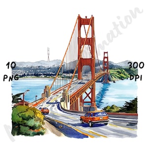 Puede incluir: Una pintura de acuarela del Puente Golden Gate en San Francisco, California. El puente es rojo y naranja y tiene dos torres. Hay coches conduciendo por el puente y una vista de la ciudad en el fondo.