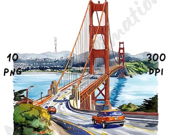 10 PNG Quirky San Francisco Scene Clipart, Watercolor California Cityscape, Whimsical City Landscape, USA View Clip Art, Cartoon Travel Art