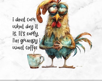 Grillige kippenhaan PNG, eigenzinnig sublimatieontwerp, ik wil koffie, sarcastische kipkunst, grappig citaat, mok, beker, Sassy Chicken SVG