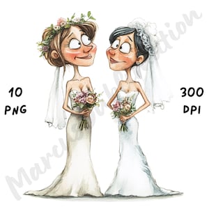 10 imágenes PNG de una peculiar pareja de lesbianas en una boda, dibujos animados LGBTQ, acuarela imprimible, invitación de boda para niña, descarga instantánea