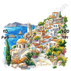 10 PNG schrullige griechische Insel Szene Clipart, Aquarell Griechenland Stadtbild, wunderliche Stadt Landschaft, griechische Ansicht Clip Art, Cartoon Sommerreise