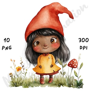 10 imágenes PNG de gnomos de jardín con una chica negra peculiar, imágenes prediseñadas de gnomos de acuarela, imágenes de sublimación de gnomos afro caprichosos, diarios basura, álbumes de recortes