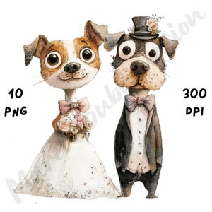 10 PNG Quirky Wedding Dog Couple Clipart, Whimsical Cartoon Dog Lover, Watercolor Romantic Animal Clip Art for Paper Crafts, Junk Journal
