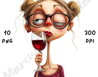 10 PNG Quirky Drunk Girl Clipart, Cute Whimsical Girl Sublimation, Printable Watercolor, Instant Download, Digital Paper Crafts, Scrapbooks