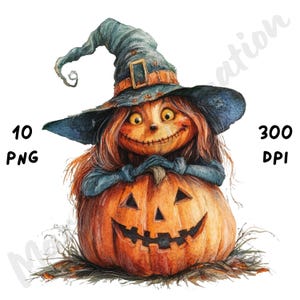 10 imágenes PNG de calabazas y brujas extravagantes, sublimación de acuarela, Halloween divertido y caprichoso para diarios basura, álbumes de recortes y manualidades de papel.