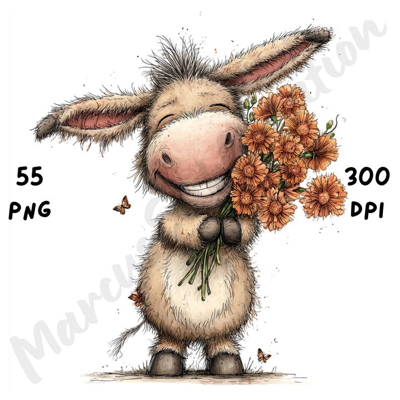 Puede incluir: Ilustraci&oacute;n en acuarela de un burro sonriente sosteniendo un ramo de flores naranjas. El burro es de color marr&oacute;n claro con orejas grandes y una nariz rosada. La imagen incluye el texto "55 PNG" y "300 DPI".