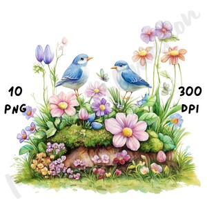 Spring Scene Clipart PNG – 10 Watercolor Landscapes with Floral Birds for Sublimation, Journals, Cards, Cricut Crafts & Wall Art Projects