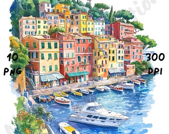 一期会受賞作品　イタリア　ポルトフィーノの街並み　水彩画　10号 Portofino Italy Watercolor Art Print, Coastal Seascape (8x10