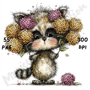 Puede incluir: Ilustraci&oacute;n en acuarela de un mapache con una corona floral y sosteniendo flores. El mapache tiene una m&aacute;scara negra, pelaje esponjoso y una cola rayada. La imagen incluye el texto "55 PNG" y "300 DPI".