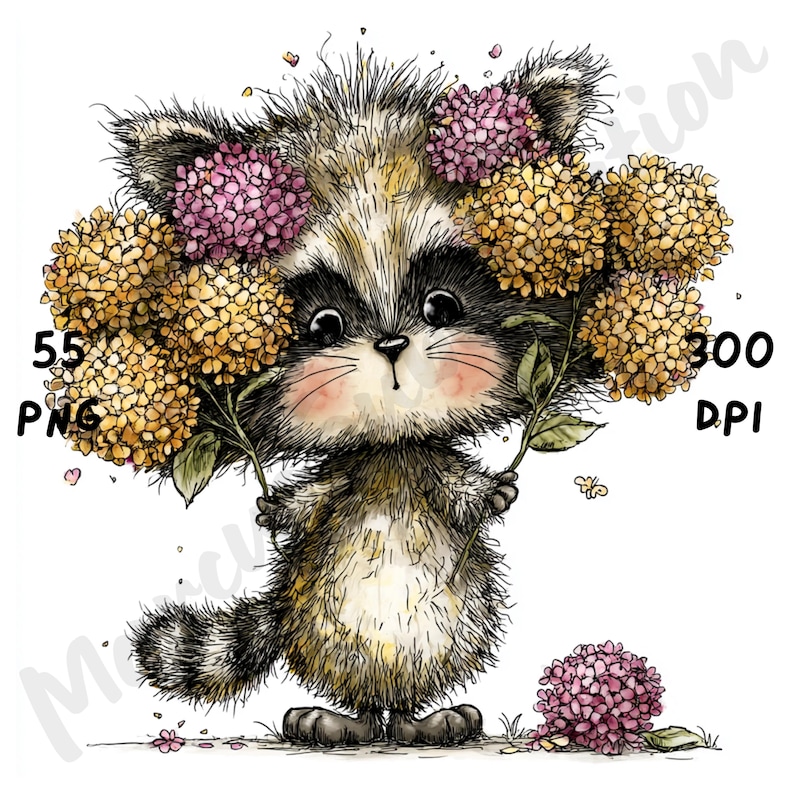 Puede incluir: Ilustraci&oacute;n en acuarela de un mapache con una corona floral y sosteniendo flores. El mapache tiene una m&aacute;scara negra, pelaje esponjoso y una cola rayada. La imagen incluye el texto "55 PNG" y "300 DPI".
