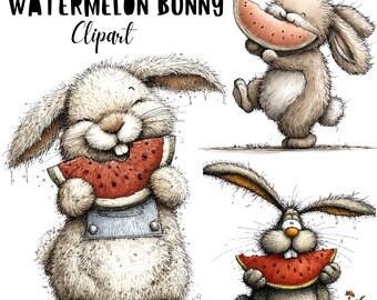 Whimsical Summer Bunny Quirky Animal Clipart PNG, Eating Watermelon Slice Watercolor Illustration, Commercial Use