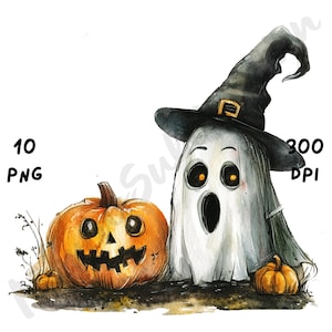 10 PNG Quirky Spooky Horror Halloween Clipart, Watercolor Cartoon Sublimation, Whimsical Halloween Elements for Junk Journals & Scrapbooking