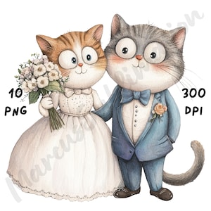 10 imágenes PNG de una peculiar pareja de gatos en una boda, dibujos animados de amantes de los gatos, imágenes prediseñadas románticas de animales en acuarela para manualidades de papel, diario basura